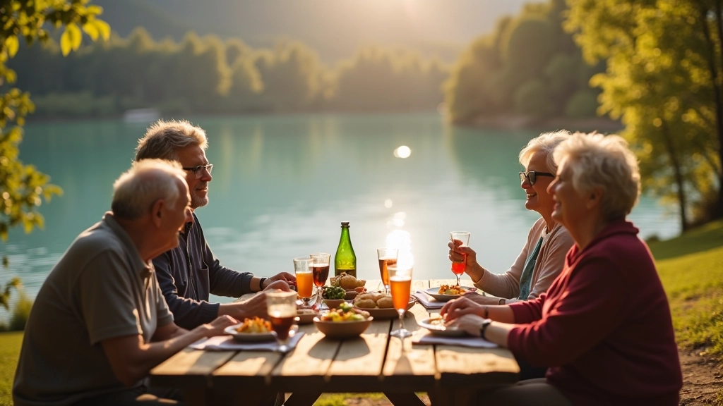 Grupo de personas jubiladas disfrutando de un picnic al aire libre junto al lago
